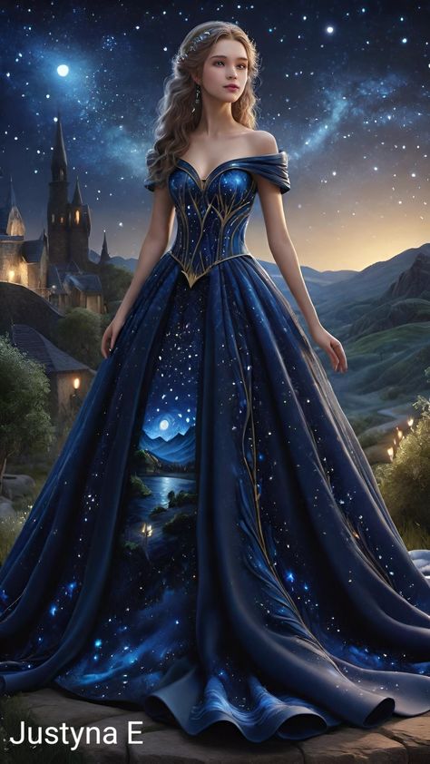 Moon Dress Gowns, Blue Princess Dress Aesthetic, Blue Starry Dress, Blue Fantasy Dress, Night Princess, Gown Aesthetic, Space Dress, Ethereal Dress, Elegant Ball Gowns