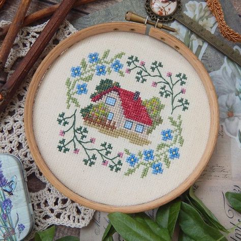 Spring Garden Cottage cross stitch pattern Cottage Cross Stitch, Autumn Cross Stitch Patterns, Artsy Girl, Flowers Cross Stitch, Stitch Cards, Frame Work, Cross Stitch Border Pattern, Vintage Cross Stitch Pattern, Cross Stitch House