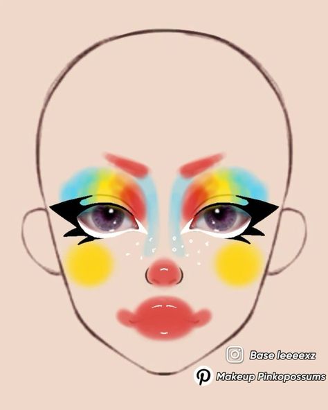 Clowncore Makeup Looks, Drag Makeup Ideas, Maximalist Makeup, Cute Clown Makeup, Makeup Charts, Show Makeup, Makeup Drawing, Makeup Face Charts, Face Art Makeup