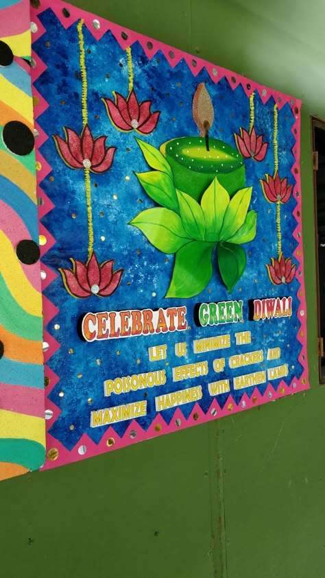 Green And Safe Diwali Poster, Green Diwali Board Decoration, Diwali Softboard Decoration, Rakhi Celebration Decoration, Diwali Decorations At Classroom, Green Diwali Poster Creative Painting, Diwali Backdrop Ideas For School, Green Diwali Drawing, Diwali Stage Decoration In School