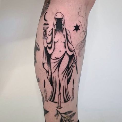 Chalice Tattoo Company on Instagram: "@goatmoth bringing occult beauty to Brisbane email goatmoth.tattoo@gmail.com for bookings" Tattoo Ideas Symmetrical, Cloaked Woman Tattoo, Mirrored Tattoo Ideas, Fantasy American Traditional Tattoo, Trad Goth Tattoo Ideas, Witch Trad Tattoo, St Brigid Tattoo, Small Bone Tattoo, Kitchen Witch Tattoo