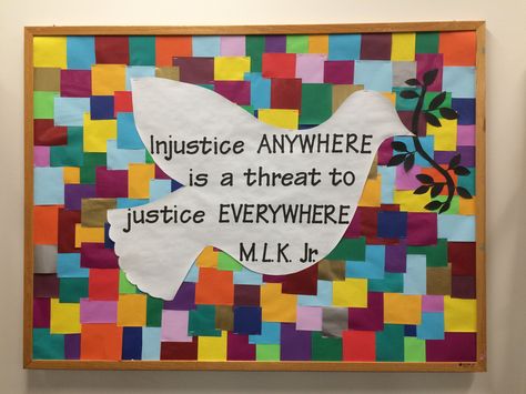 Social Justice Bulletin Board Social Justice Ra Bulletin Board, Social Justice Classroom Decor, Mlk Day Bulletin Board, Social Justice Bulletin Board Ideas, Peacemaker Poster, Middle School Bulletin Board Ideas, Middle School Bulletin Board, Office Door Decorations, Diversity Bulletin Board