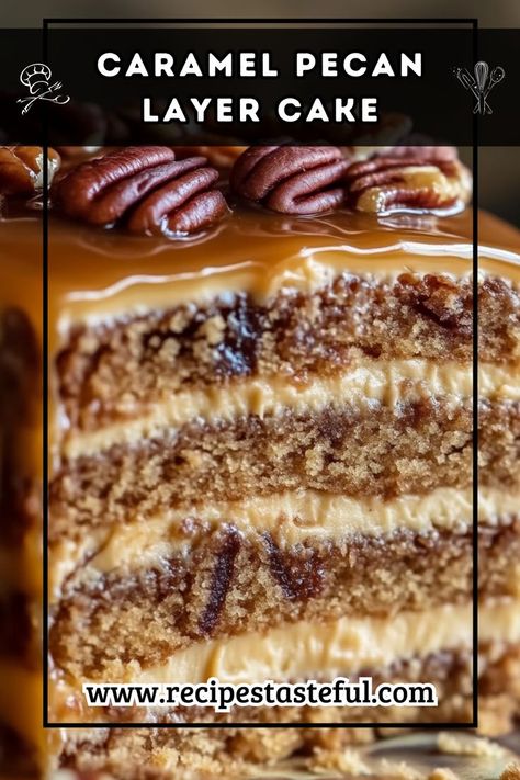 Indulge in the rich flavors of this Caramel Pecan Layer Cake, featuring moist layers of cake filled with a delectable caramel pecan filling and topped with a luscious caramel drizzle. Perfect for celebrations or as a special treat, this cake is sure to impress family and friends. Southern Pecan Caramel Cake Recipe, Crunchy Layer For Cake, Chocolate Cake With Caramel Filling, Pecan Cake Filling, Bourbon Pecan Cake, Caramel Pecan Cake, Pecan Layer Cake, Pecan Caramel Cake, Caramel Cake Filling