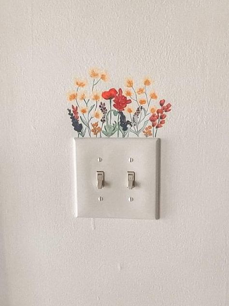 Light Switch Flowers, Flowers Light Switch, Flowers On Light Switch, Desk Inspo Aesthetic Vintage, Wildflower Room Decor Ideas, Cute Wall Decor Ideas Diy, Alternative To Painting Walls, Mixed Decor Styles, Small Murals For Home