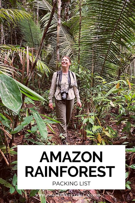 Your handy guide to jungle clothing and what to wear in the Amazon rainforest. Includes a packing list, safari tops and trousers, bug spray, binoculars and more with a handy shopping list. Quickly work out which rainforest or jungle clothes and accessories you need and be ready and comfortable for your rainforest trip. #jungle #rainforest #Brazil #clothes Hiking Outfit Rainforest, Amazon Jungle Outfit, What To Wear In The Amazon Rainforest, Rainforest Outfits Women, Jungle Outfits Women, Forest Trip Outfit, Jungle Vacation Outfits, Jungle Hiking Outfit, Rainforest Outfit