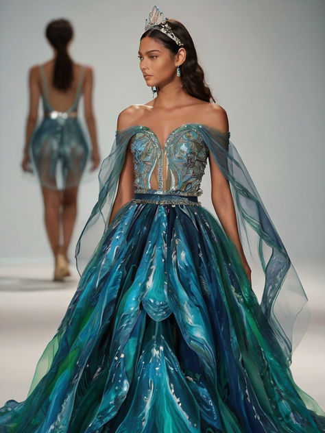 Ocean Princess Dress, Night Court Gown, Sea Inspired Dress, Smooth Ballroom Dress, Draping Ideas, Ocean Dress, Egyptian Fashion, Festival Outfits Rave, Drape Gowns