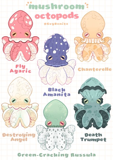 A cozy illustration featuring six fantasy octopus species: all inspired by real-life mushrooms 🍄  Join me on Patreon: patreon.com/evybenita  Follow me on Instagram: instagram.com/evybenita  Art with me on YouTube: youtube.com/evybenita  #mushroomart #cuteart #evybenita Tentical Hair Drawing, Cute Octopus Art, Octopus Fursona, Cute Octopus Illustration, Cute Sea Creatures Drawing, Chibi Octopus, Octopus Oc, Kraken Illustration, Octopus Aesthetic