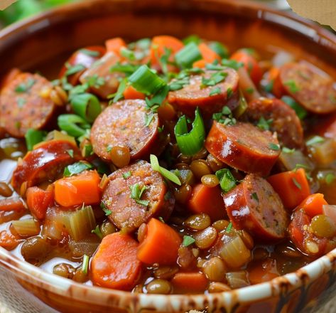 Hearty Sausage and Lentil Delight Lentil Recipes With Sausage, Lentil Italian Sausage Soup, Lentils And Sausage Recipe, Lentil And Sausage Recipes, Spicy Sausage And Lentil Soup, Kielbasa Crockpot, Lentil Soup With Sausage, Sausage Lentil Soup, Lentils And Sausage