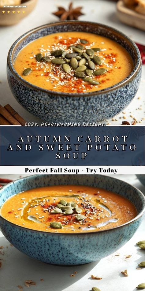 Embrace the warmth of fall with this deliciously creamy carrot and sweet potato soup. Packed with flavor and perfect for chilly evenings, it's topped with crunchy pumpkin seeds and a sprinkle of sesame seeds for added texture. This recipe is not just hearty, but also healthy—ideal for sharing with loved ones. Try it today and let the cozy vibes take over! Dairy Free Sweet Potato Soup, Vegan Sweet Potato Soup Recipes, Sweet Potato Recipes Soup, Sweet Potato Meal Recipes, Sweet Potato Soups, Sweet Potato Soup Recipes Easy, Yam Soup Recipe, Sweet Potato Leek Soup, Fall Soup Recipes Healthy