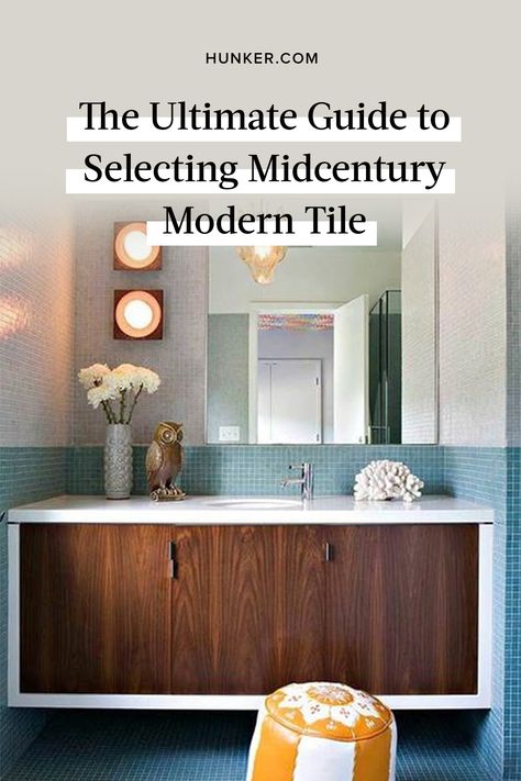 We've got dreamy ideas to bring some stylish, minimal, and ultra-cool midcentury tile touches into your space that will stand the test of time. #hunkerhome #midcenturymodern #tile #tileideas #homedecor Mid Century Tile Entryway, Mid Century Tile Patterns, Mid Century Bathroom Floor Tile, Midcentury Modern Bathroom Floor Tile, Mcm Tile Floor, Mcm Bathroom Tile, Mid Century Modern Tile Floor, Mid Century Floor Tile, Mid Century Bathroom Tile