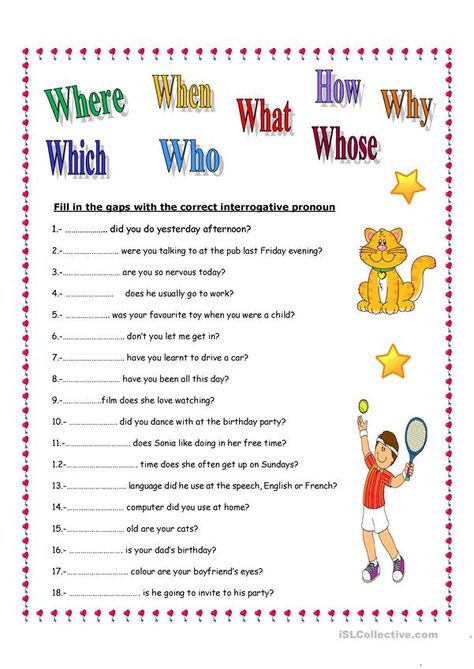 INTERROGATIVE PRONOUNS - English ESL Worksheets Interrogative Pronouns Worksheet, Pronouns Exercises, Pronouns Worksheet, Interrogative Pronouns, English For Students, English Grammar Exercises, Relative Pronouns, Adjective Worksheet, Basic English