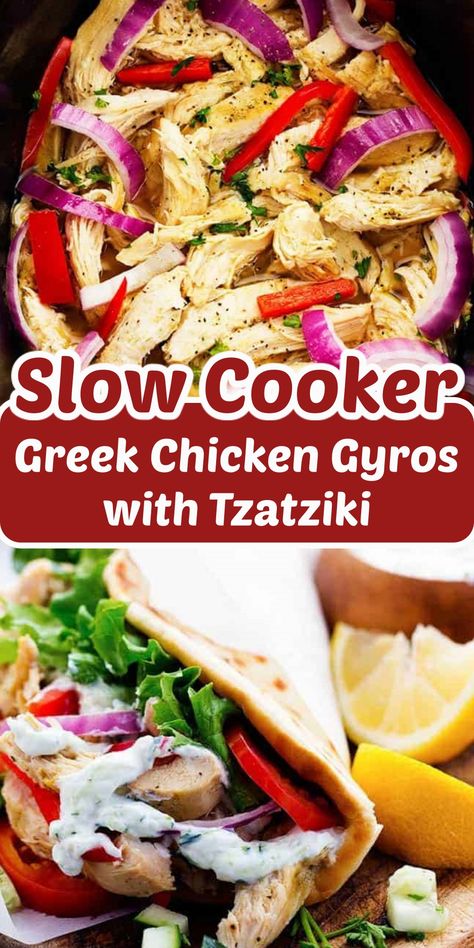 Slow Cooker Greek Chicken Gyros with Tzatziki Recipe Crockpot Chicken Souvlaki, Crockpot Chicken Gyros Slow Cooker, Slow Cooker Greek Chicken Gyros, Crockpot Greek Chicken Gyros, Crock Pot Gyros, Slow Cooker Chicken Gyros, Greek Chicken Slow Cooker Recipes, Golo Diet Recipes Crockpot, Greek Crockpot Recipes