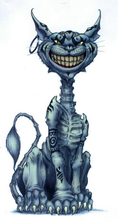 Cheshire Cat from Amercian McGee's Alice video games  I have this tattoo he's about 10 inches long on my calf Evil Alice, American Mcgee’s Alice, Cheshire Cat Alice In Wonderland, Alice In Wonderland Artwork, Dark Alice In Wonderland, Wonderland Artwork, Steampunk Stuff, Alice Madness Returns, Alice Madness