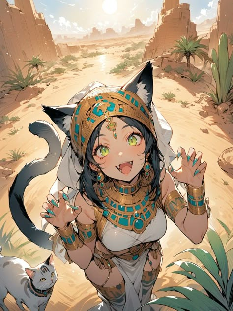 Demihuman Girl, Desert Style, Style Anime, Anime Animals, Monster Girls, Monster Girl, Cat Girl, Female Character, Character Portraits