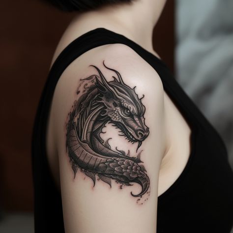 Dragons Head Tattoo, Forearm Dragon Tattoo For Women, Angry Dragon Tattoo, Black Wing Tattoo, Around Shoulder Tattoo, Dragon Face Tattoo, Dragon Tattoo Upper Arm, Dragon Tattoo For Men, Dragon Eye Tattoo