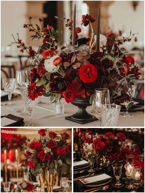 Black Wedding Theme Ideas, Red And Black Wedding Theme, Red Wedding Receptions, Wedding Color Scheme Ideas, Black Wedding Theme, Christmas Banquet, Red Centerpieces, Black Tablecloth, Color Scheme Ideas