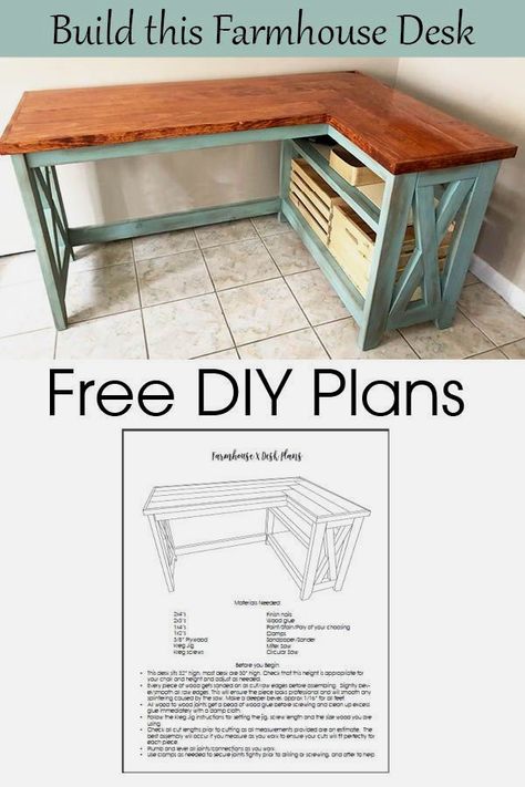 #organization #homestorage #storageideas L Shaped Desk Diy, Farmhouse Desk Diy, Farmhouse Furniture Plans, Diy Kids Desk, Diy Farmhouse Desk, Cheap Furniture Makeover, Easy Furniture Makeover, Diy Furniture Makeover Ideas, Diy Computer Desk