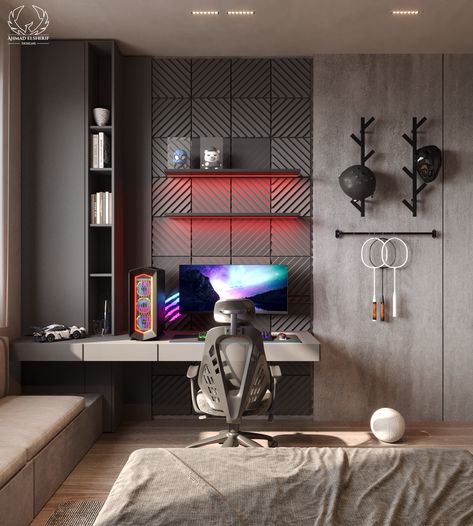 This sleek gaming bedroom blends design and function. A "Gamer Parking Only" neon sign adds a fun touch, while the comfy bed features a textured headboard and ambient lighting. The gaming setup includes a high-end PC, ergonomic chair, and geometric panels with red LED accents, creating a futuristic vibe. Functional wall hooks add a personal touch to this perfect gaming space.

#homeDecor #GamingBedroom #GamingRoom #BoyBedroom #modernBedroomDesign Gaming Room Bed, Gaming Bedroom Design, Bedroom Ideas For Gamers, Small Gamer Room, Small Gaming Bedroom, Gaming Bedroom Ideas Boys, Gamers Bedroom, Nerd Bedroom, Textured Headboard