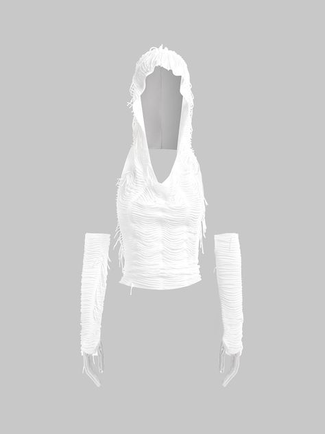 Backless Hoodie Plain Tank Top | kollyy Futuristic White Outfit, White Emo Outfit, White Futuristic Outfit, Dance Tops Costumes, White Rave Outfits, White Backless Top, Transparent Outfit, Techno Outfit, Plain Tank Tops