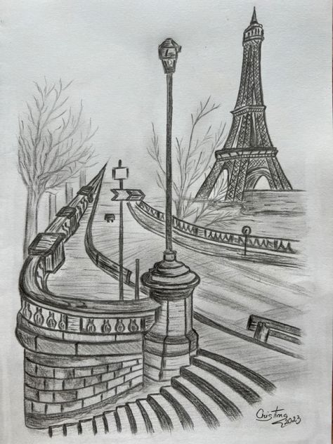 Places To Draw Easy, Place Sketch Drawing, Sketching Scenery Pencil, Best Nature Drawing, Drawing Of A Landscape, How To Draw Effiel Tower, Sketch Of Place, France Drawing Sketches, Effile Tower Sketch