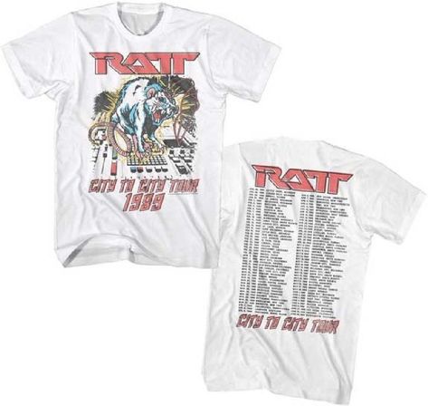 Our vintage Ratt concert t-shirt is from the band's 1989 City to City Tour. Performed to promote their album Reach for the Sky, this tour wasn't successful as the musical landscape was changing from that of glam metal to a rawer sound. Made from 100% white cotton with washed out graphics for a vintage look, this men's unisex tee shows an image of a rat on top of a mixing board, on the front, while the back lists the tour dates and cities. #ratt #stephenpearcy #bandtees #rockerrags Rock Concert, Heavy Metal Bands, Rock T Shirts, Concert Tees, Concert Tshirts, Tour Dates, Band Shirts, White Tshirt, White T