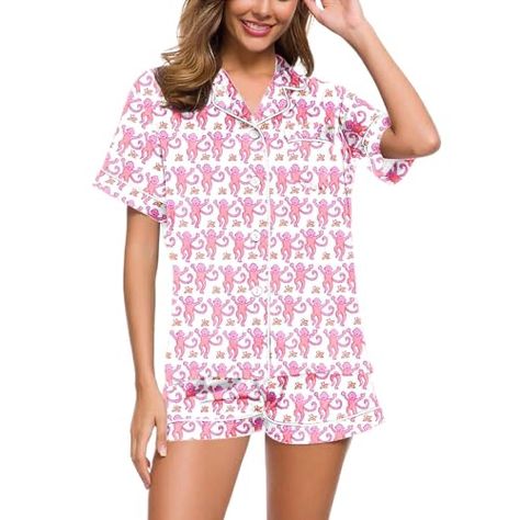 Roller rabbit pink pajama set dupe from Amazon - matching pink set women’s fashion valentines gift for her 2024 Pajamas Y2k, Preppy Pajamas, Roller Rabbit Pajamas, Pj Shorts Set, Purple Pajamas, Bday List, Womens Loungewear Sets, Pink Monkeys, Floral Pajama Set