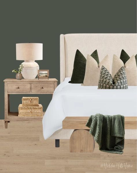 Tilly Upholstered Bed curated on LTK Dark Green Wall Color, Olive Green And Beige Bedroom, Guest Bedroom Color Ideas, Decorating Guest Bedroom, Simple Guest Bedroom Ideas, Decorating A Guest Bedroom, Green And Beige Bedroom, Organic Bedroom Decor, Simple Guest Bedroom