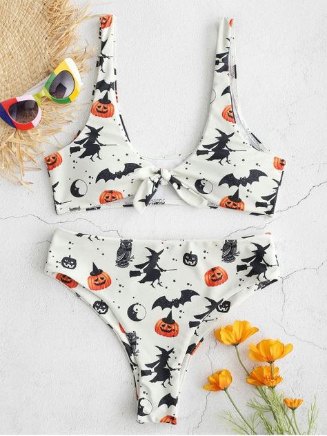 $19.49 ONLY! Halloween Knotted Bat Pumpkin Bikini Set - Beige #halloween #bikiniset Bat Pumpkin, Beach Mini Dress, Beach Dresses Summer, Cute Bathing Suits, Mini Tank Dress, Cute Bikinis, Halloween Fashion, Swimwear Collection, Swimwear Fashion