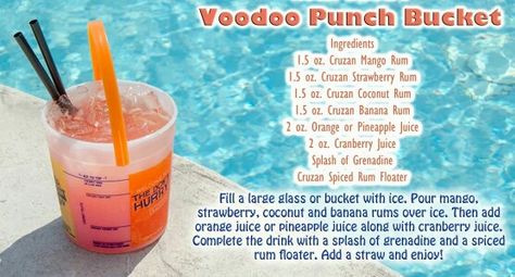 Voodoo punch bucket Rum Bucket Drinks, Bucket Drinks Alcohol Recipes, Drink Bucket Recipes, Malibu Rum Bucket Recipe, Rum Buckets Recipe, Boozy Bucket Recipes, Voodoo Punch, Voodoo Drink Recipe, Bucket Drinks Alcohol Party Ideas