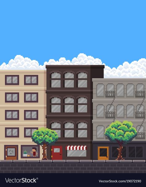 Pixel Art Street, Pixel Art Building, Street With Buildings, Pixel City, Sky With Clouds, London Buildings, Da Hood, Pixel Art Background, School Illustration