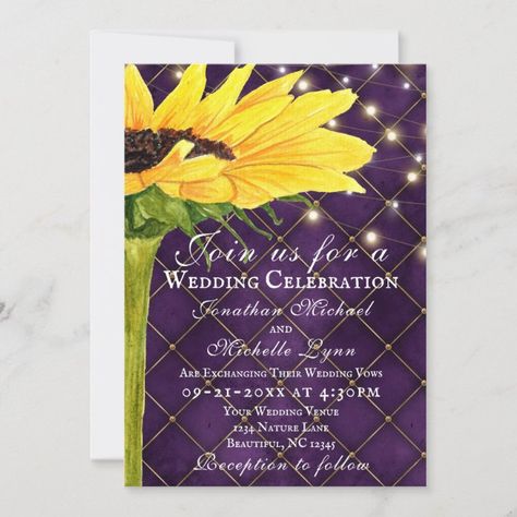 Sunflower and String Lights on Purple Wedding Invitation - tap/click to personalize and buy #Invitation #sunflower, #floral, #fall, #autumn, #yellow, Sunflower Wedding Invitation Template, Bold Wedding Invitations, Sunflower Themed Wedding, Sunflower Wedding Invitations, Purple Wedding Invitations, Rsvp Postcard, Sunflower Wedding, Yellow Sunflower, Wedding Save The Date