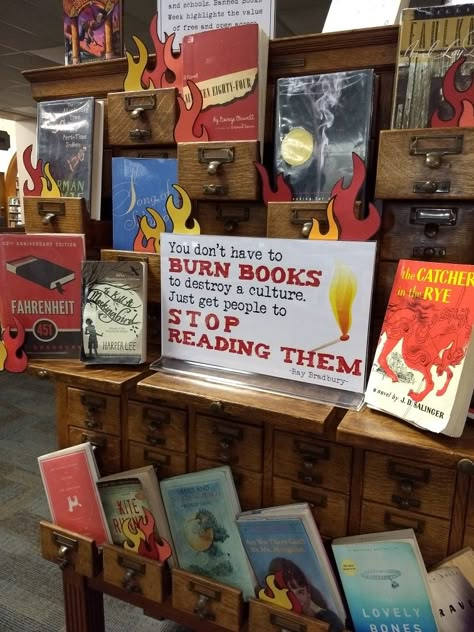 Banned books week display 2018 He's A 10 But Book Display, Banned Book Week Display, Banned Books List, Library Makerspace Ideas, Library Valentines, Banned Books Display, Bookstore Display, Banned Books Week Display, English Teacher Aesthetic