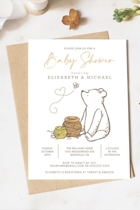 Classic Winnie the Pooh Baby Shower Invitation Invite all your family and friends to your Baby Shower with these classic Winnie the Pooh Baby Shower invitations. Personalize by adding all your shower details! #babyshower #babyshowersgifts #babyshowercards #babyshowerparty #newborn #disney #winniethepooh Baby Baker, Pooh Invitation, Peanut Baby Shower, Winnie The Pooh Baby Shower, Disney Baby Shower, Classic Winnie The Pooh, Pooh Baby, Vintage Winnie The Pooh, Twins Baby Shower