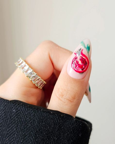 i wasn't entirely in love w these at first but i think these slowly grew on me! 🍎🌱 Ft. @leminimacaron Le Vert*, Oat Milk*, Pomegranate*, Sweet Cherry*, Bisous Magenta* *PR/Gifted Products/No Obligation to Post* #pomegranate #fruits #pressons #fruitnails #painting #pomegranatenails #pressonnails #mixandmatchnails #pinterestnails #funnails #sodaonmylips #scratchmagazine #velvetdynasty #torontonails #nailinspo #nails #inbeautmag #nailstagram #springnails #texturednails #gelnails #nails #2024n... Rosh Hashana Nails, Pomegranate Nail Art, Aesthetic Pomegranate, Pomegranate Nails, Pomegranate Art, Love W, Nails 2024, Sweet Cherries, Fire Nails