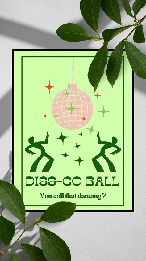 The disco ball takes center stage in the poster, reflecting a rainbow of colors that spill out onto the dance floor. The dancers around it are frozen in mid-motion, their bodies twisting and turning to the rhythm of the music. Whether you're a fan of retro decor, a disco enthusiast, or just love adding a pop of color to your space, this poster is sure to bring joy to your walls. Printed matte-finish poster 12 in. x 16 in. Disco Rodeo, Recital Poster, Ball Dancing, Party Design Poster, Disco Fever, Dance Poster, Disco Dance, 70s Disco, Language School