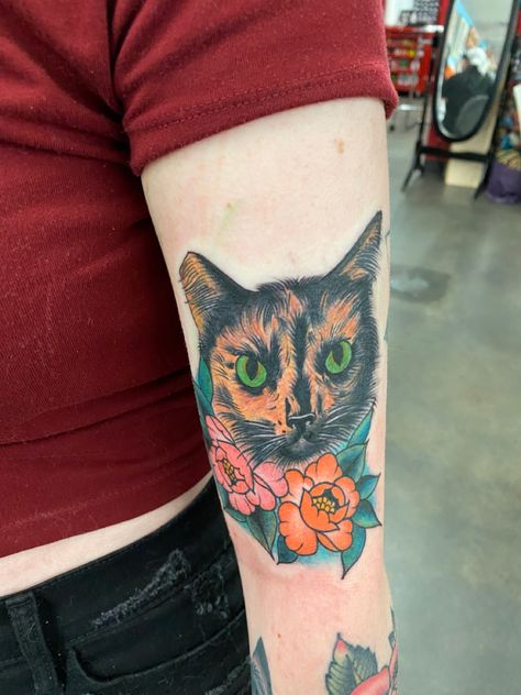 Tortoise Cat Tattoo, Tortie Cat Tattoo, Cat Tattoo Tortoiseshell, Tortoiseshell Cat Tattoo, Tortishell Cat Tattoos, Tortishell Cat Art, Tortoise Shell Cat Art, Tortoise Shell Cat Painting, Cat Tattoos