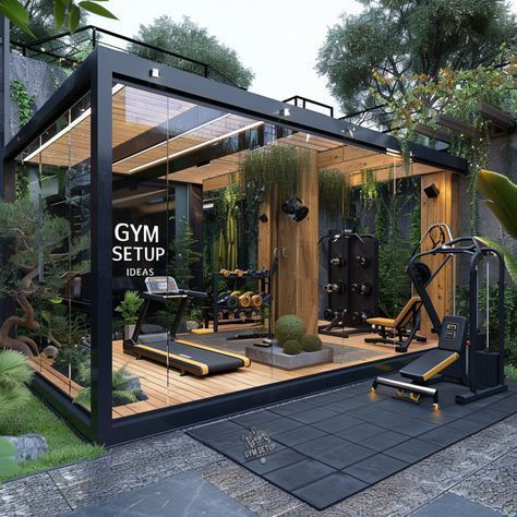 Greenhouse Gym, Outdoor Gym Ideas Backyards, Garden Gym Ideas, Outdoor Home Gym, Garden Gym, Backyard Gym, Gym Lighting, Dream Home Gym, House Gym