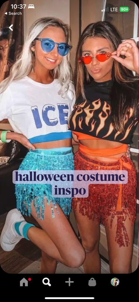 Spicy And Icy Costume, Icy And Spicy Costume, Ice And Fire Halloween Costume, Hot And Cold Costume, Last Munite Halloween Costumes, Hot And Cold Halloween Costumes, Ice Ice Baby Costume, Easy Halloween Duo Costumes, Fire Ice Costume