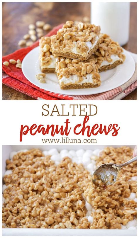 Peanut Chews Recipe, Salted Peanut Chews, Peanut Butter Cookie Crust, Butter Cookie Crust, Peanut Chews, Peanut Butter Chews, Marshmallow Dessert, Peanut Butter Marshmallow, Peanut Butter Candy