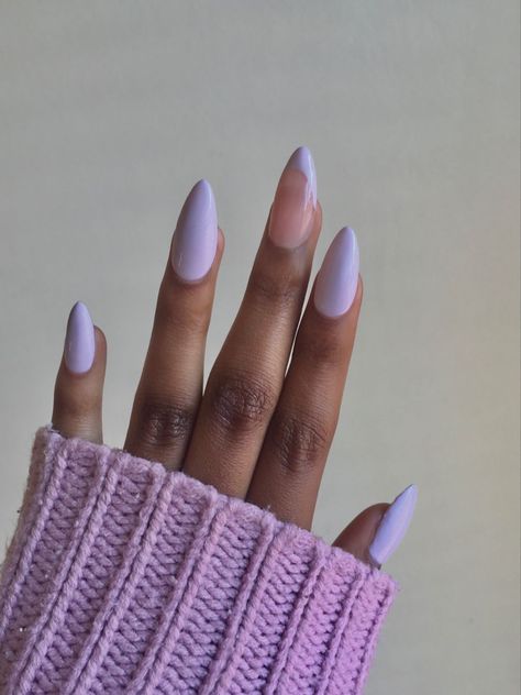 Purple Prom Nails Almond, Birthday Nails Acrylic Coffin, Almond Nails Designs Purple, Light Purple Almond Nails, Purple Nails Almond Shape, May Acrylic Nails, May Birthday Nails, Lilac Almond Nails, Purple Almond Acrylic Nails