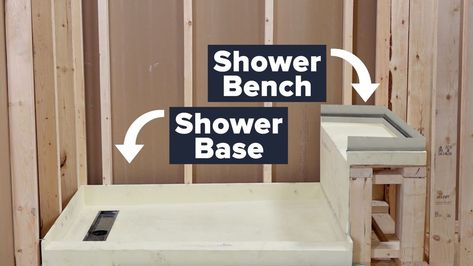 Diy Shower Pan, Shower Bench Seat, Tub To Shower Remodel, Bathroom Construction, Whitewashed Wood, Fiberglass Shower, Shower Seat, Shower Bench, Diy Shower