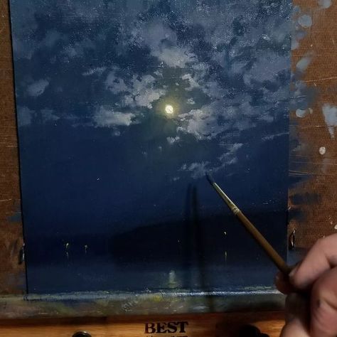 Devin Michael Roberts on Instagram: "Filmed this lesson tutorial in oil paint. Basically a 2 hour tutorial for advanced and medium level painters. . Will be available on my patreon beginning today. Oil on panel 8x10 inches. Turned out pretty good. One of the best nocturne tutorials I've done for sure. #oilpainting #oilonpanel #moonpainting #nocturnepainting #howtopaint #arttutorial #patreonartist" Nocturnal Paintings, Nocturne Paintings, Michael Roberts, Starry Night Painting, Create Canvas, Moon Painting, Art Prompts, Black Paper, Easy Paintings