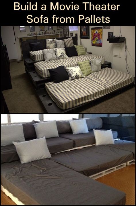 Have Your Own Cinema at Home By Building a Pallet Movie Theater Sofa! Cinema At Home, Basement Movie Room, Movie Theater Rooms, Theater Sofa, Home Theater Furniture, Basement Furniture, Home Cinema Room, Best Home Theater, Home Theater Setup