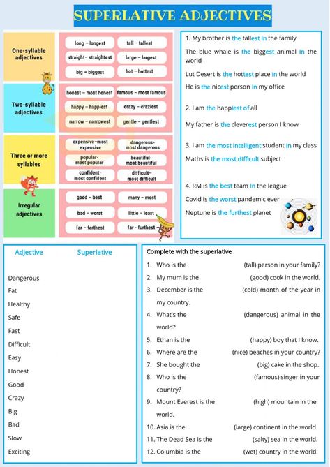 Superlatives Worksheet, Degrees Of Comparison, Advance English, Esl Teaching Resources, Grammar Exercises, Superlative Adjectives, The Worksheet, English As A Second Language (esl), Esl Teaching