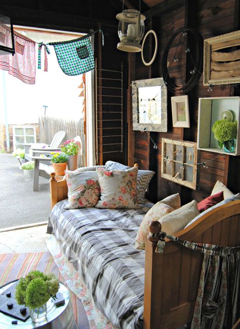 This she shed is decked out with recycled finds like upcycled windows hanging on the walls. She Shed Decorating Ideas, Clashing Patterns, She Shed Interior, She Shed Decor, Shed Decor, Shed Interior, Green Houses, Shed Plan, Rustic Retreat