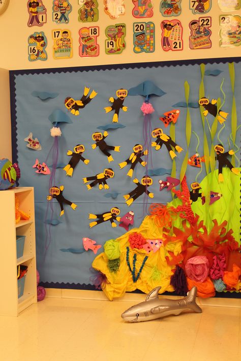 Coral Reef Classroom Decor, Under The Sea Prek Classroom, Coral Reef Crafts Preschool, Ocean Mural Preschool, Coral Reef Preschool Activities, Preschool Coral Reef, Coral Reef Bulletin Board, Coral Reef Craft Preschool, Coral Reef Activities For Kids