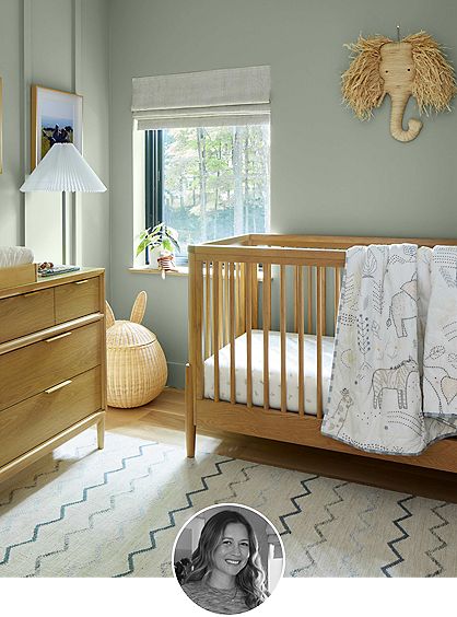 Cool Nursery, Kids Floor Lamp, Neutral Safari Nursery, Green Crib, Africa Elephant, Crib Design, Wood Crib, Changing Table Topper, Baby Cribs Convertible