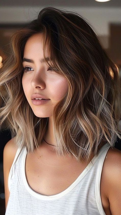 17 Hairstyles for Diamond Faces 2024: Trends and Styles for Every Look Short Lob Haircut Brunettes, Lob Aline Haircut, Medium Layered Hair Round Face, Short Hairstyle Women Long Bob, Messy Lob With Curtain Bangs, Medium Length Haircut Textured Layers, Lob Haircut On Round Face, Mid Hair For Round Face, Shoulder Length Bob Balayage