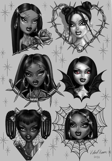 Black Bratz Tattoo, Brats Doll Tattoos, Bratz Doll Tattoo, Bratz Design, Brats Tattoo, Bratz Tattoo Design, Bratz Tattoo, Bratz Wallpaper, Venom Tattoo