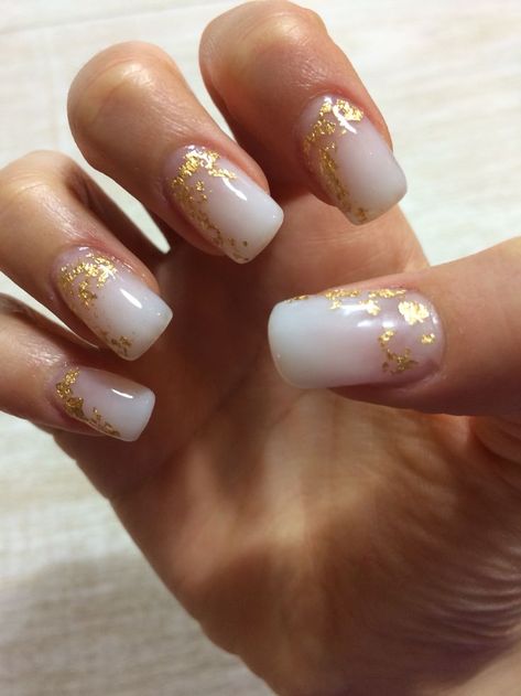 gold gel nail designs | Best 25+ White gel nails ideas on Pinterest | White glitter nails, Glitter gel nails and Sparkle ... Gel Nails With Gold Foil, Milky White Gel Nails, Ongles Gel Violet, Gold Gel Nails, White Nails With Gold, White Gel Nails, Nails With Gold, Milky Nails, Gold Nail Polish